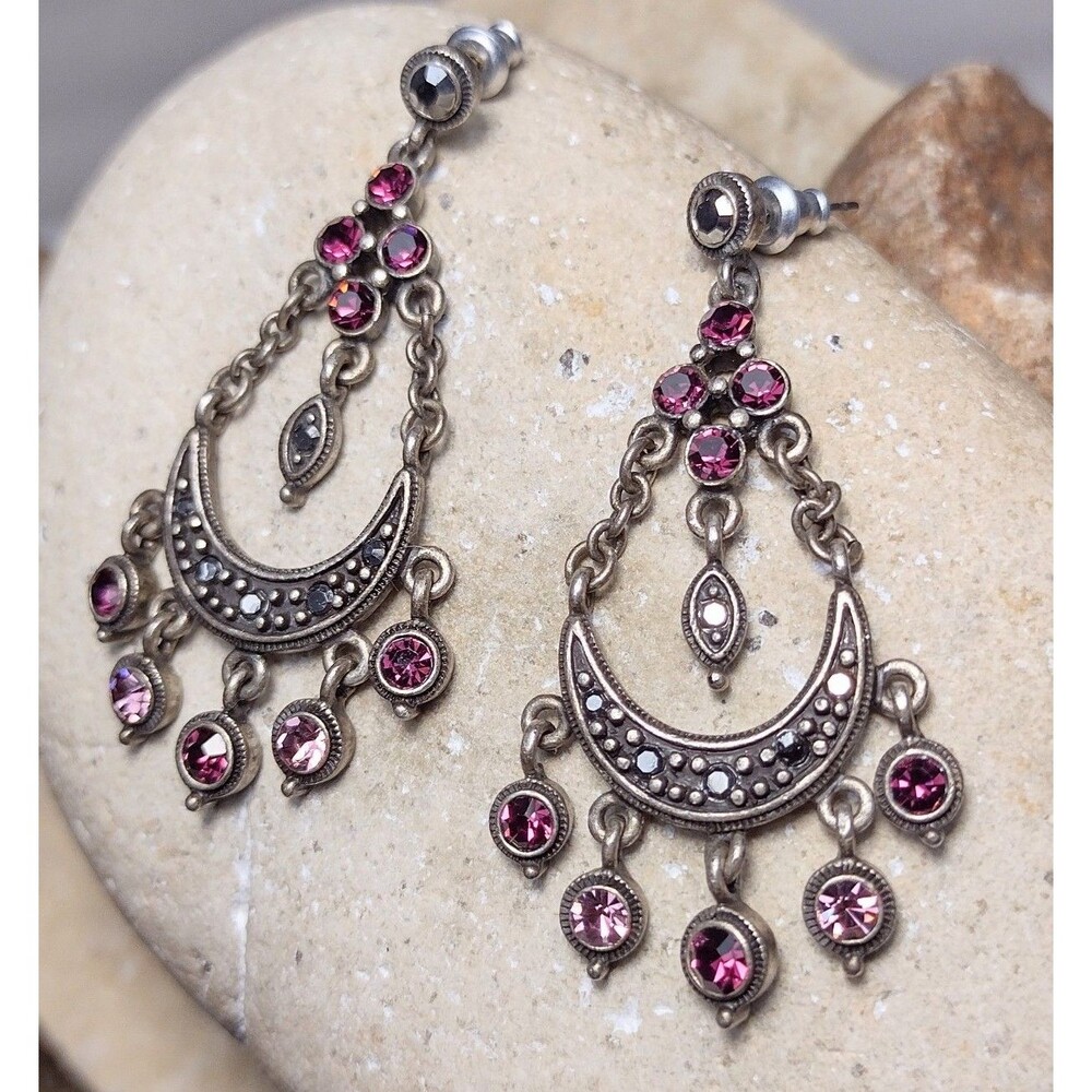 Vintage Purple Crystal Marcasite Crescent Moon Chandelier Dangle Earrings